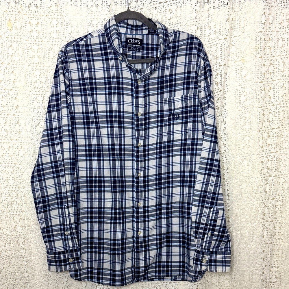 Chaps Men's Navy and White Plaid Button Down Shirt